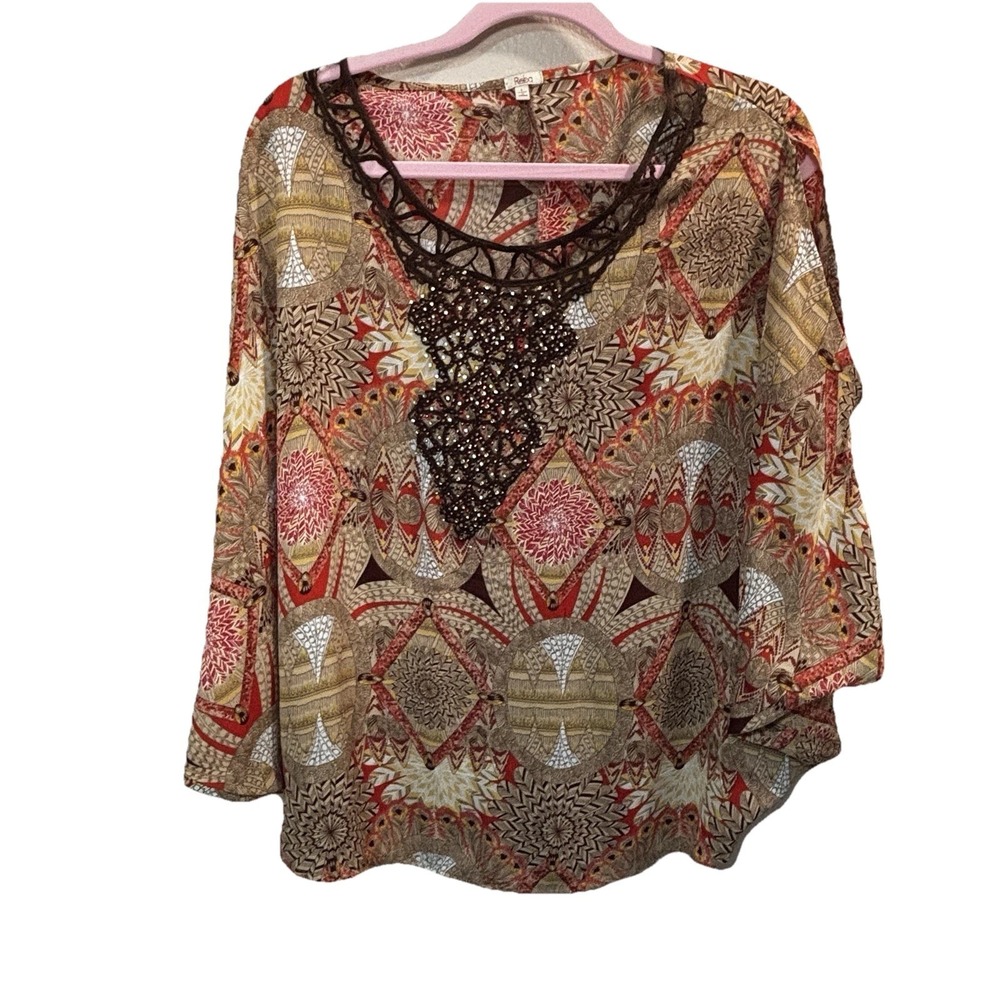 Reba Woman Red Brown Autumn Batwing Rhinestones Geometric‎ Print Top Shirt Large